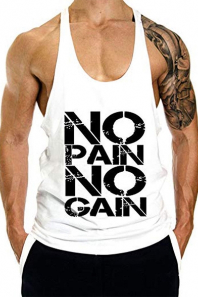 NO PAIN NO GAIN Letter Printed Sleeveless Scoop Neck Gym Muscle Tank Men Tee