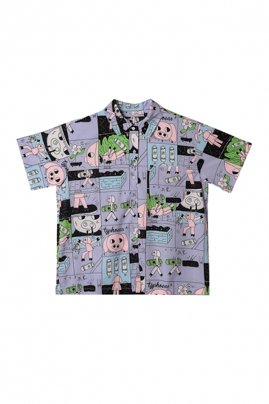 Novelty Girls Letter Typhoeus Mix Cartoon Printed Button Down Collar Short Sleeve Loose Fit Graphic Shirt in Purple