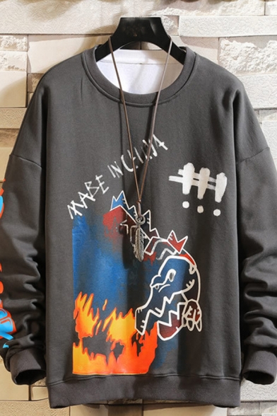 Novelty Mens Pullover Sweatshirt Fire Monster Letter Make in China Pattern Round Neck Cuffed Long Sleeve Regular Fit Graphic Pullover Sweatshirt