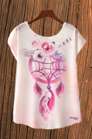 Pink Fancy Dreamcatcher Printed Short Sleeve Round Neck Loose Tee Top for Women