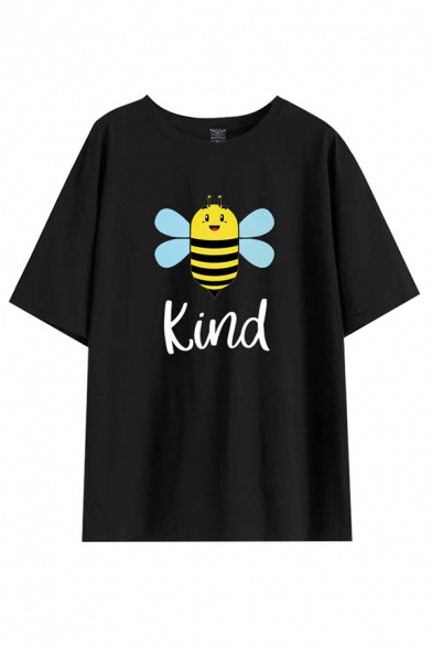 Popular Cartoon Bee Letter Kind Graphic Rolled Short Sleeve Crew Neck Regular Fit T-shirt for Women