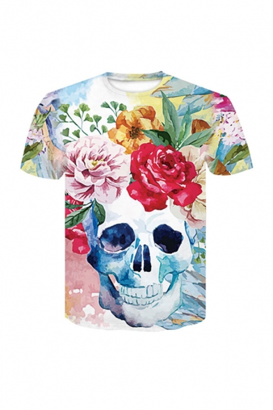 Popular Mens 3D Skull Floral Fire Pattern Short Sleeve Round Neck Regular Fitted T-Shirt