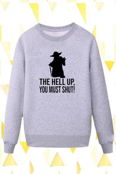 Popular Mens Character Letter the Hell up You Must Shut Printed Pullover Long Sleeve Round Neck Regular Fit Graphic Sweatshirt