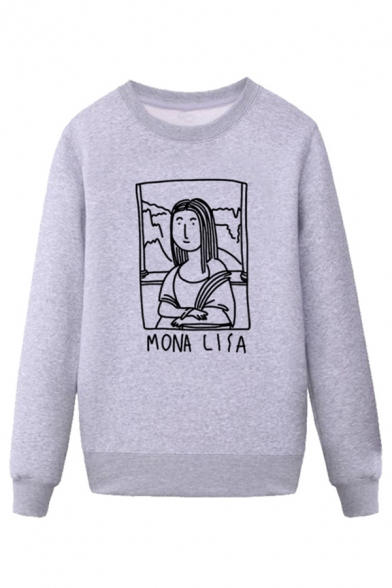 Popular Mens Character Painting Letter Mona Lisa Printed Pullover Long Sleeve Round Neck Regular Fitted Graphic Sweatshirt