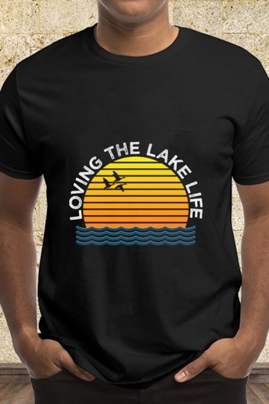 Popular Mens Letter Loving The Lake Life Plane Graphic Short Sleeve Crew Neck Regular Fit T Shirt in Black