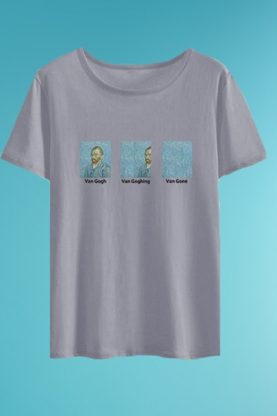 Popular Mens Letter Van Gogh Graphic Rolled Short Sleeve Crew Neck Regular Fit T Shirt