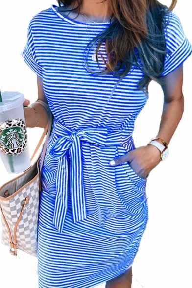 Popular Womens Stripe Printed Bow Tie Waist Short Sleeve Round Neck Midi Shift Dress