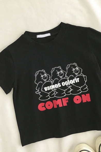 Preppy Girls Letter Vamos Oolorir Comf On Cartoon Bear Printed Crew Neck Short Sleeve Regular Fit Crop Tee Top