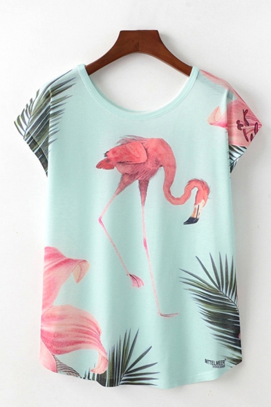 Pretty Womens Flamingo Leaf Printed Short Sleeve Round Neck Relaxed Fit T Shirt