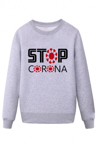 Simple Mens Virus Letter Stop Corona Printed Pullover Long Sleeve Round Neck Regular Fitted Graphic Sweatshirt