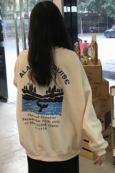 Streetwear Womens Letter Alaska Cruise Mountain Graphic Long Sleeve Crew Neck Oversize Pullover Sweatshirt