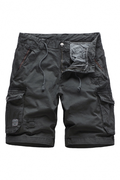 Stylish Mens Shorts Solid Color Flap Pocket Drawstring Button Zipper Mid Rise Regular Fitted Cargo Shorts