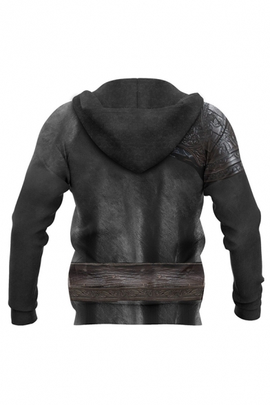 Trendy Mens Armor 3D Pattern Drawstring Button Belt Long Sleeve Regular Fit Hooded Sweatshirt