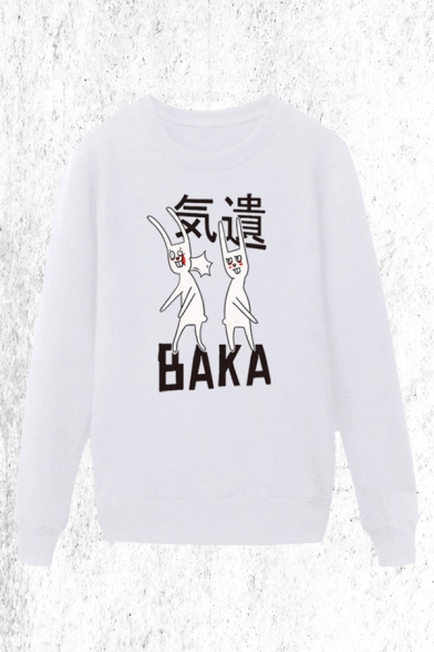 Trendy Mens Cartoon Character Pattern Letter Baka Pullover Long Sleeve Round Neck Regular Fitted Graphic Sweatshirt