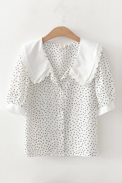Trendy Womens Lace Trim Patchwork Polka Dot Button Up Lapel Collar Short Sleeve Regular Fitted Shirt