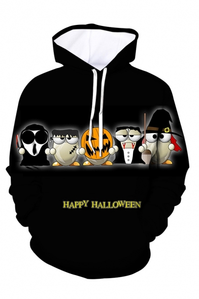 Unique Mens 3D Halloween Cartoon Character Letter Happy Halloween Printed Pocket Drawstring Long Sleeve Fitted Graphic Hoodie