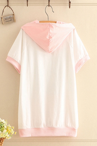 Casual Cat Embroidered Contrasted Short Sleeve Drawstring Hooded Loose T Shirt in Pink