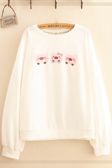 Casual Pig Print Long Sleeve Round Neck Loose Fit Pullover Sweatshirt for Women