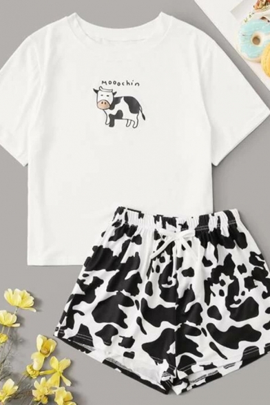 Chic Letter Mooochin Cartoon Cow Graphic Short Sleeve Crew Neck Loose T Shirt & Drawstring Waist Cow Print Relaxed Shorts Co-ords in White