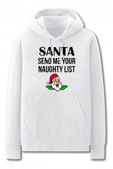Chic Mens Santa Claus Letter Santa Send Me Your Naughty List Printed Pocket Drawstring Long Sleeve Regular Fit Graphic Hooded Sweatshirt