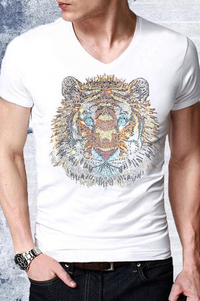 Chic Rhinestone Tiger Printed Short Sleeve Round Neck Loose Fit T Shirt for Men