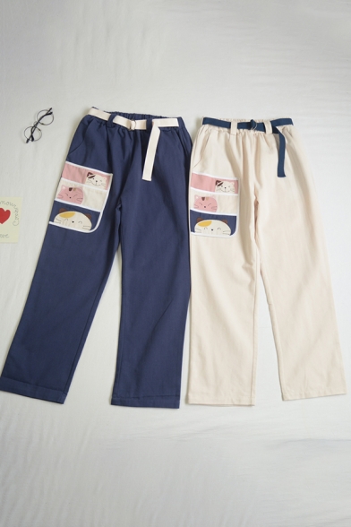 Chic Womens Cartoon Cat Embroidery Print Patchwork Pockets Belt Elastic Waist Straight Long Leggings