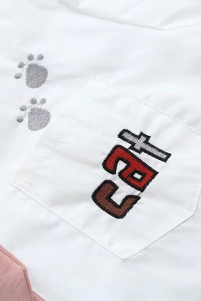 Cool Girls Letter Cat Cartoon Cat Footprint Printed Detail Button Down Tied Collar Long Sleeve Loose Fit Shirt in White