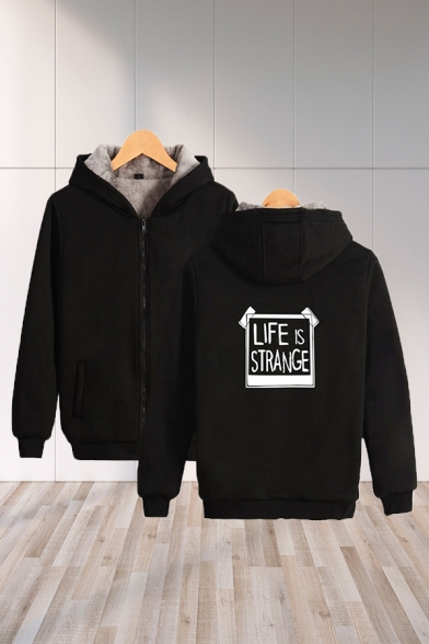 Cool Letter Life Is Strange Pattern Sherpa Liner Long Sleeve Zip up Loose Hoodie for Guys