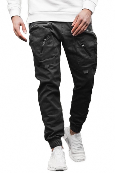 Cool Mens Pants Solid Color Zipper Pocket Cuffed Full Length Tapered Fit Cargo Pants