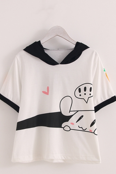 Cute Girls Rabbit Carrot Printed Contrasted Short Sleeve Ears Hooded Loose T Shirt in White