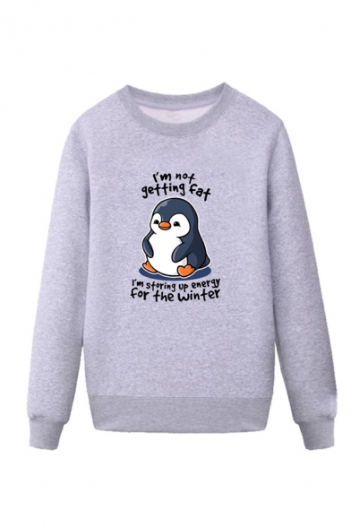 Dressy Cartoon Penguin Letter I Am Not Getting Fat Printed Pullover Long Sleeve Round Neck Regular Fitted Graphic Sweatshirt for Men
