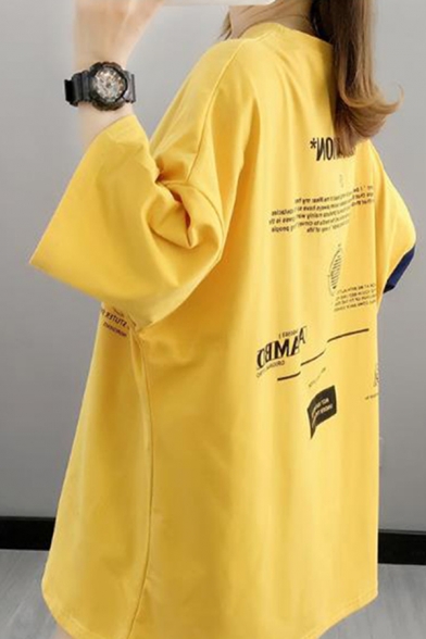 Exclusive Girls Patchwork Colorblock Letter Adambo Studio 3/4 Sleeve Round Neck Flap Pocket Oversize Asymmetric T-shirt