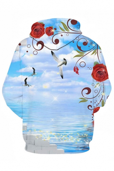 Fancy 3D Beach Tree Wave Bird Floral Printed Pocket Drawstring Long Sleeve Regular Fit Hooded Sweatshirt for Men