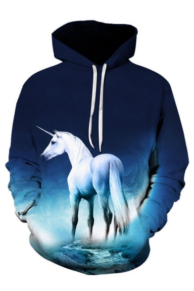 Fancy Mens 3D Unicorn Pattern Pocket Drawstring Long Sleeve Regular Fit Hooded Sweatshirt