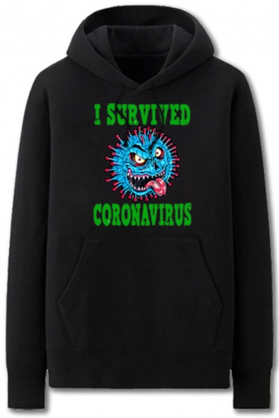 Fancy Mens Virus Letter I Survived Corona Virus Printed Pocket Drawstring Long Sleeve Regular Fit Graphic Hooded Sweatshirt