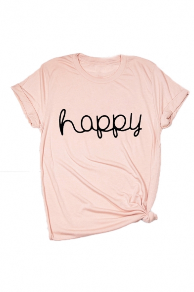 Fashion Girls Letter Happy Printed Rolled Short Sleeve Crew Neck Slim Fit T Shirt