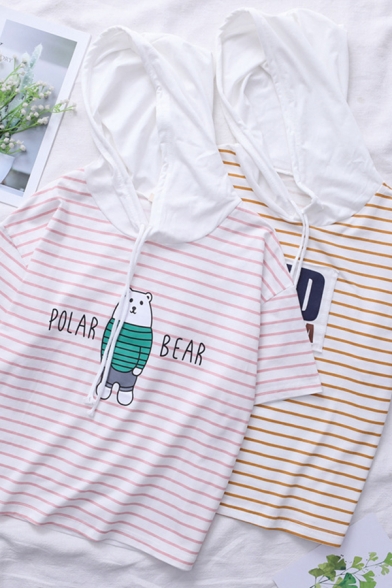 Fashion Womens Letter Polar Bear Graphic Striped Short Sleeve Hooded Drawstring Regular T Shirt