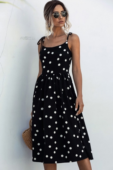 Fashion Womens Polka Dot Print Bow Tied Shoulder Midi Pleated Smoke Cami Dress
