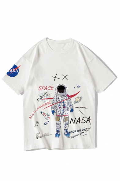 Fashionable Guys White Letter Nasa Cartoon Graphic Short Sleeve Crew Neck Relaxed T Shirt