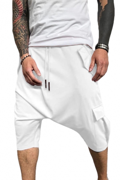 Fashionable Mens Shorts Plain Flap Pocket Drawstring Mid Rise Relaxed Fitted Harem Shorts