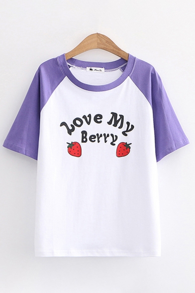 Fashionable Womens Letter Love My Berry Cartoon Strawberry Graphic Raglan Short Sleeve Crew Neck Contrasted Loose Fit Tee Top