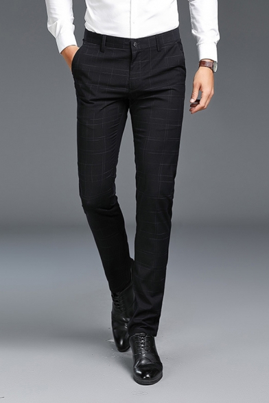 Formal Men's Pants Plaid Pattern Pockets Zip Fly Button Straight Fit Full Length Dress Pants