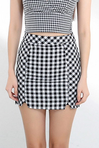 Girls Chic Checkered Print High Rise Mini A-line Skirt in Black
