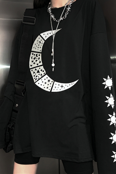Hip Hop Girls Star Moon Print Long Sleeve Crew Neck Loose Fit T-shirt in Black