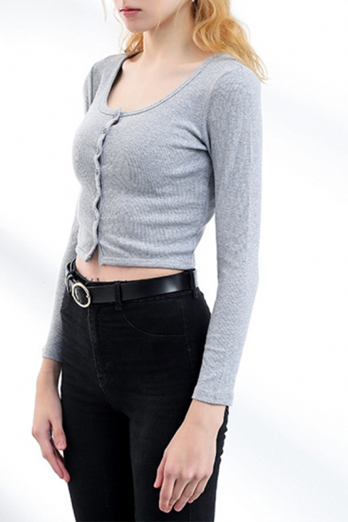 Hot Girls Gray Long Sleeve Scoop Neck Button up Fitted Crop T Shirt