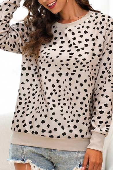 Leisure Womens Dalmatian Print Long Sleeve Crew Neck Relaxed Fit T Shirt