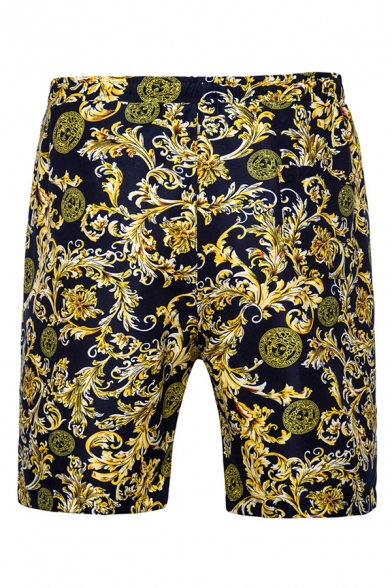 Men's Fashion Ethnic Floral Printed Drawstring Waist Casual Navy Beach Swim Shorts
