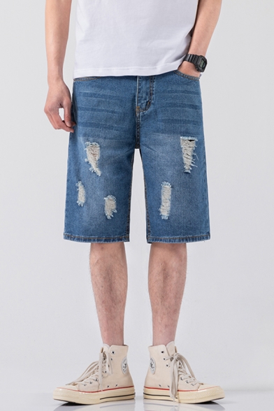 Men's Summer Fashion Vintage Washed Light Blue Zip-fly Ripped Denim Shorts (Pictures for Reference)