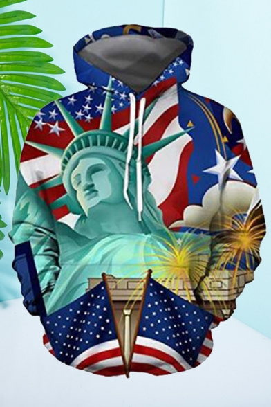 Mens Creative Flag Statue 3D Print Pocket Drawstring Full Sleeve Loose Fitted Hooded Sweatshirt