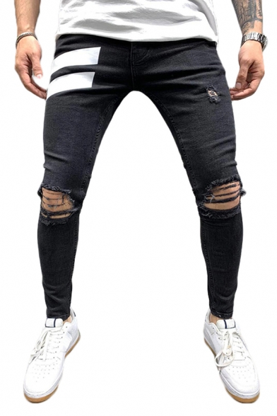 Mens Fashionable Striped Pattern Pockets Zipper Fly Distressed Full Length Skinny Jeans in Black